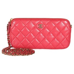 Chanel Pink Quilted Lambskin Double Zip Clutch With Chain