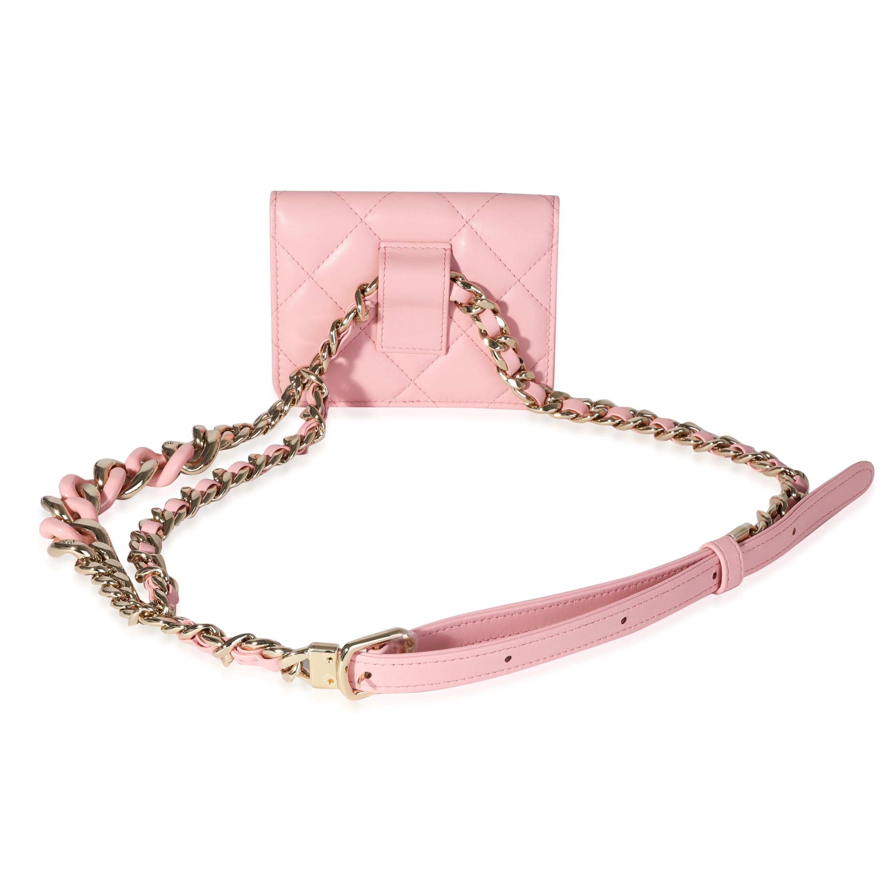 Listing Title: Chanel Pink Quilted Lambskin Elegant Chain Belt Bag
SKU: 116376
Condition: Pre-owned (3000)
Handbag Condition: Never Worn
Brand: Chanel
Model: Pink Quilted Lambskin Elegant Chain Belt Bag
Ligne: Elegant Chain
Origin Country: