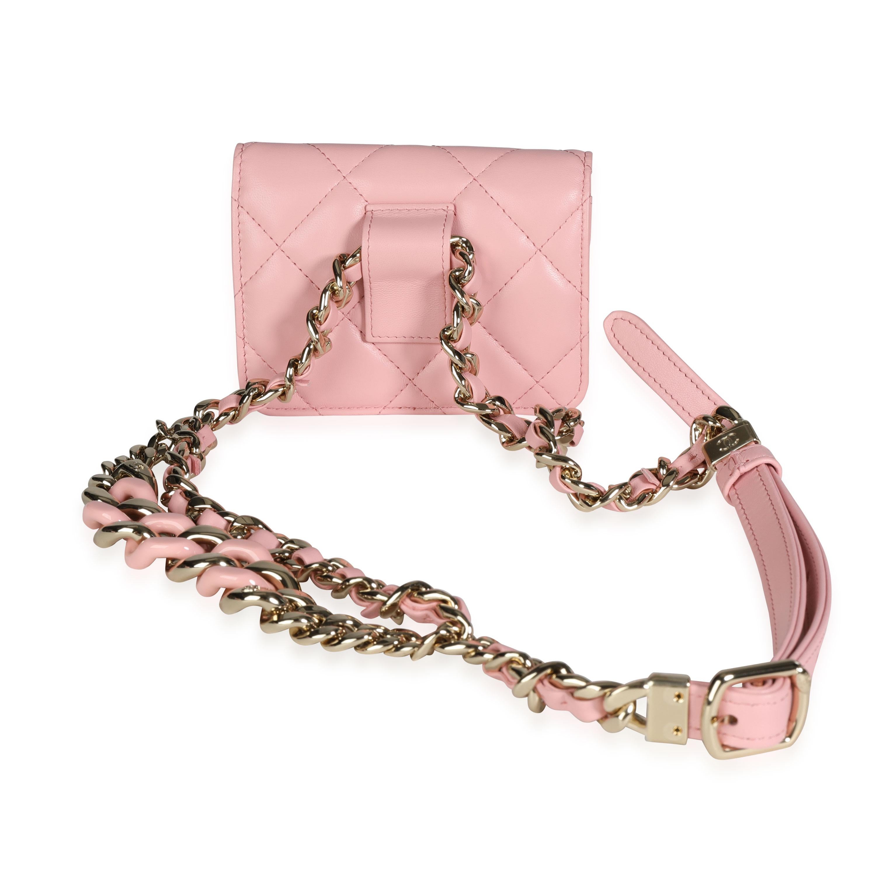 Listing Title: Chanel Pink Quilted Lambskin Elegant Chain Mini Belt Bag
SKU: 116593
Condition: Pre-owned (3000)
Handbag Condition: Mint
Condition Comments: Mint Condition. Plastic on hardware. No visible signs of wear. Final Sale. Final sale.
Brand: