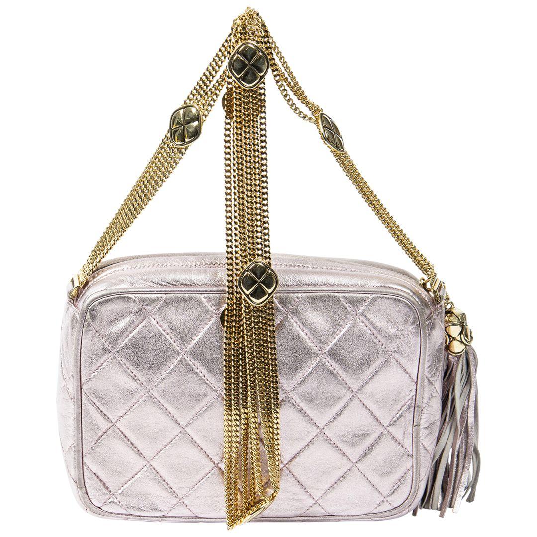Gray Chanel Pink Quilted Lambskin Leather Small Tassel Chain Camera Bag For Sale
