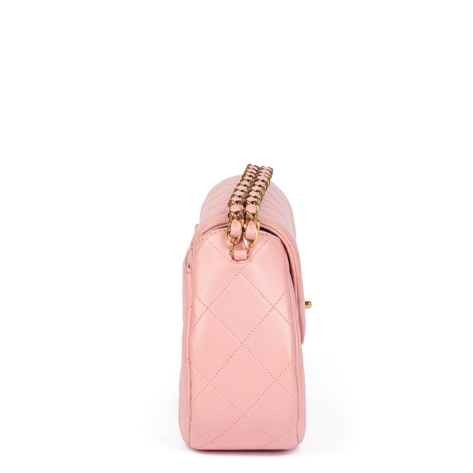 CHANEL Pink Quilted Lambskin Leather Small Top Handle Classic Single Flap Bag In Excellent Condition For Sale In Bishop's Stortford, Hertfordshire