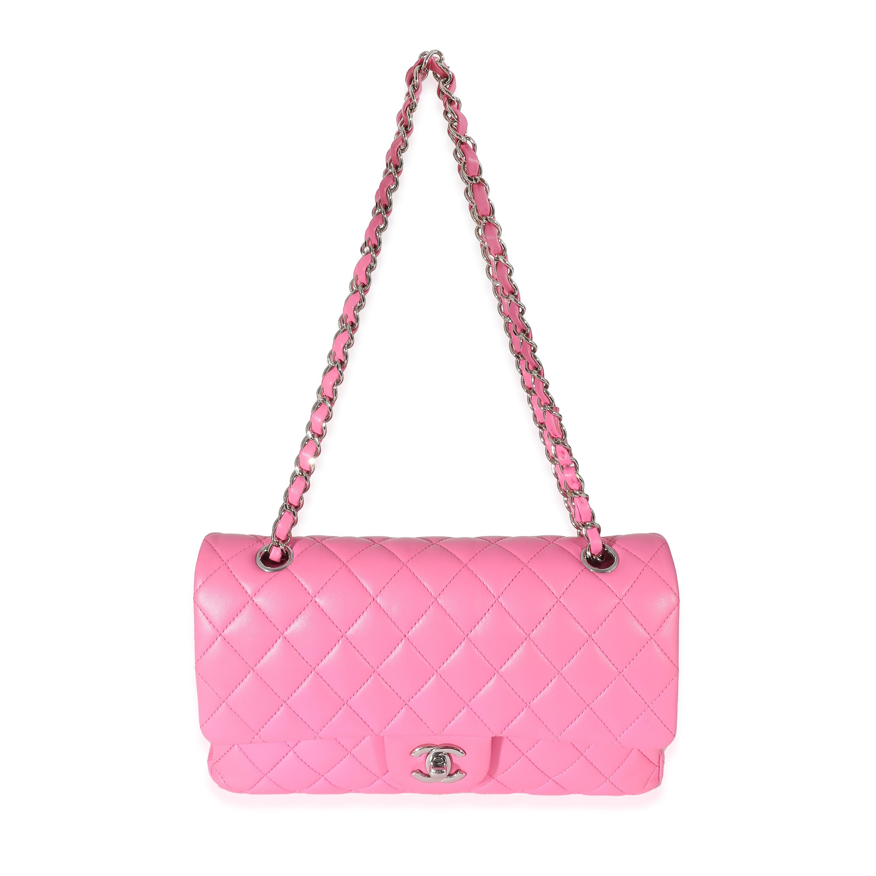 Listing Title: Chanel Pink Quilted Lambskin Medium Classic Double Flap Bag
SKU: 134011
Condition: Pre-owned 
Handbag Condition: Very Good
Condition Comments: Item is in very good condition with minor signs of wear. Exterior scuffing and light