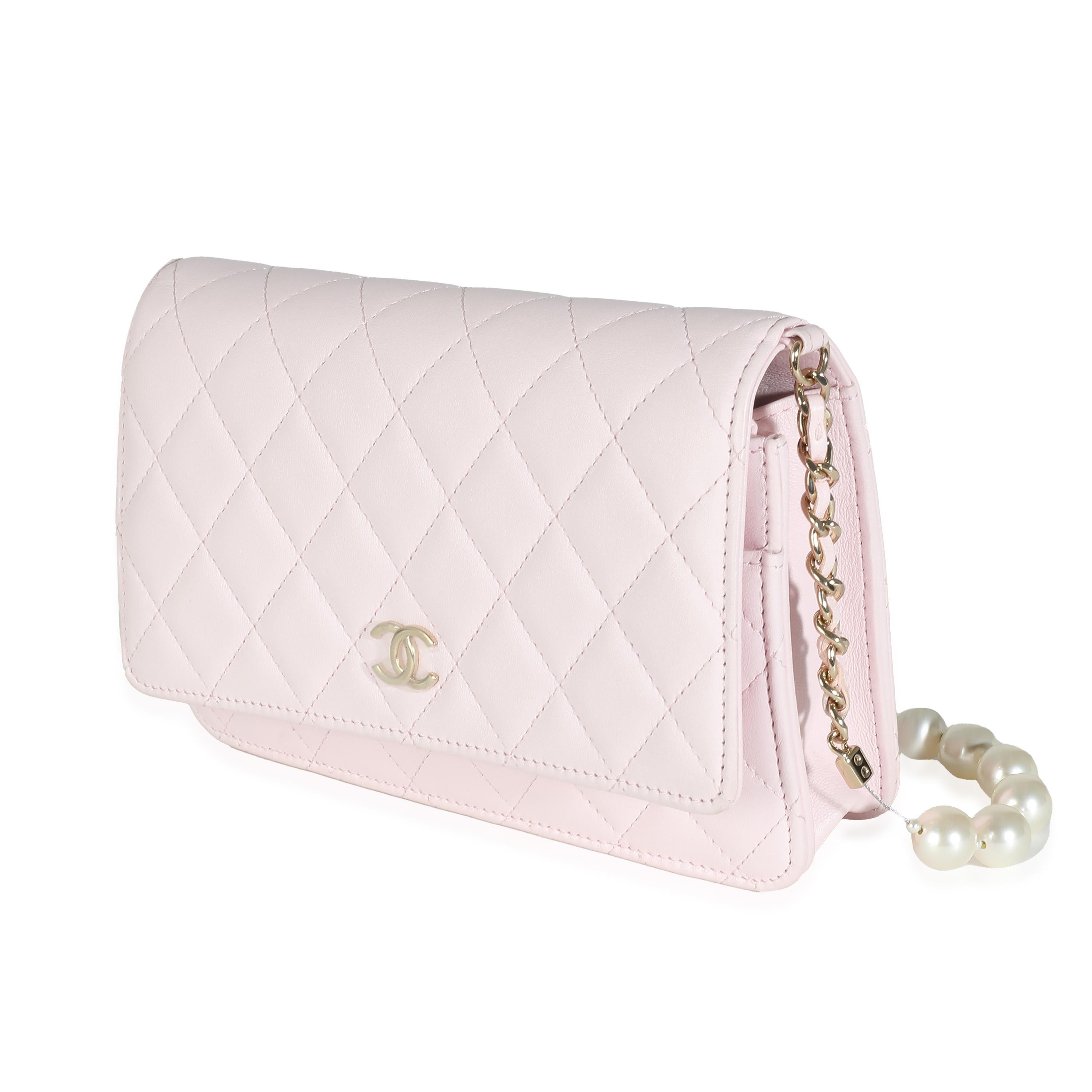 Gray Chanel Pink Quilted Lambskin Pearl Wallet On Chain For Sale