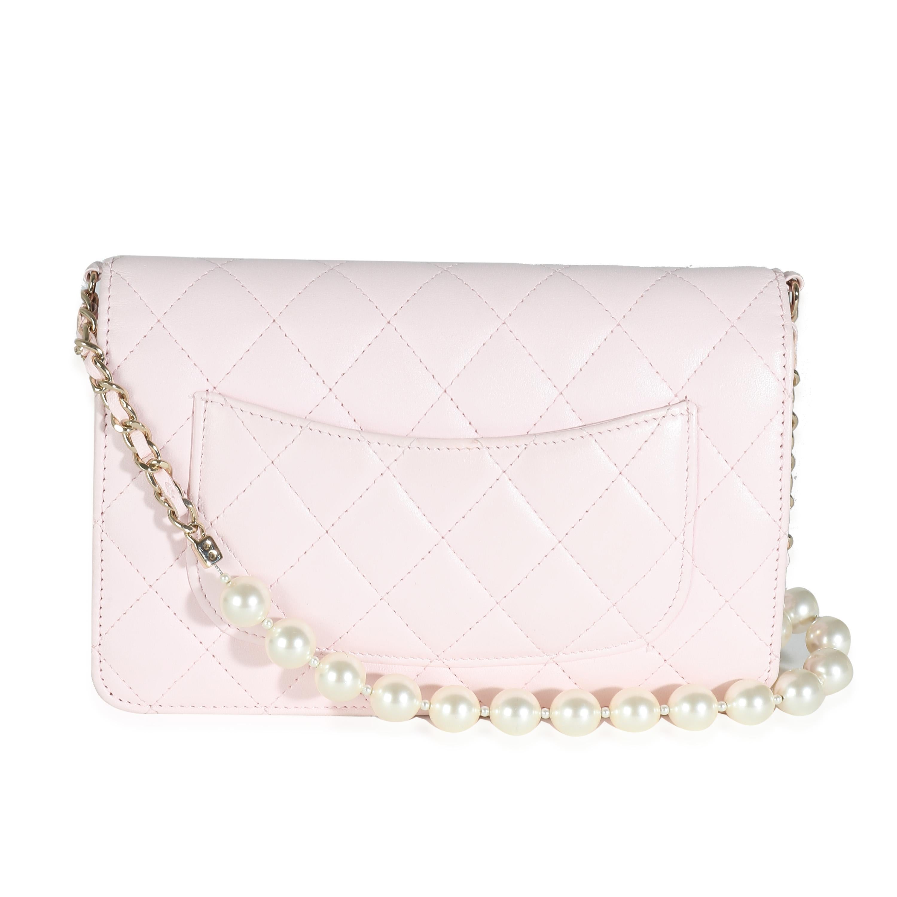 Chanel Pink Quilted Lambskin Pearl Wallet On Chain In Excellent Condition For Sale In New York, NY