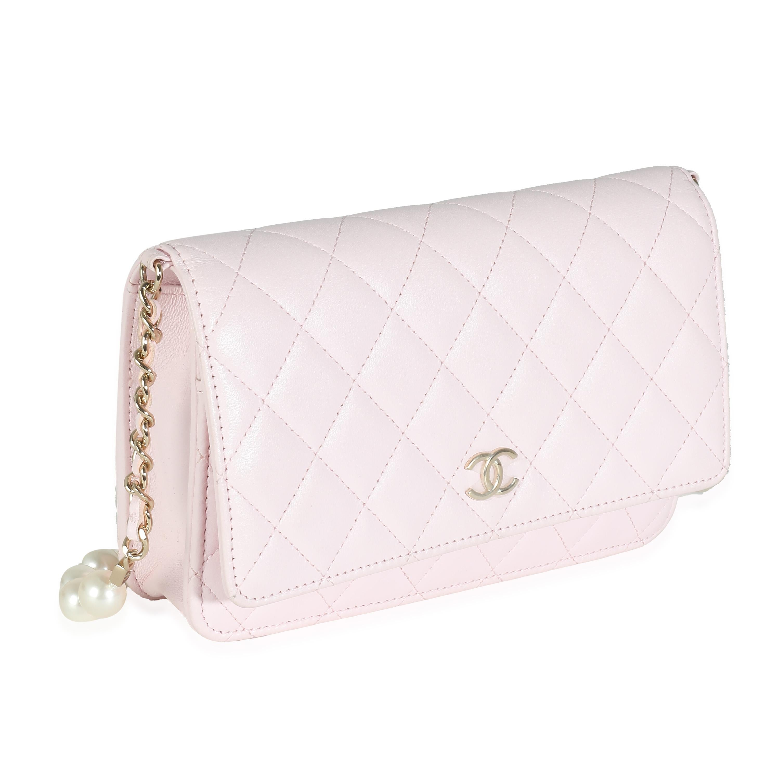 Chanel Pink Quilted Lambskin Pearl Wallet On Chain For Sale 2