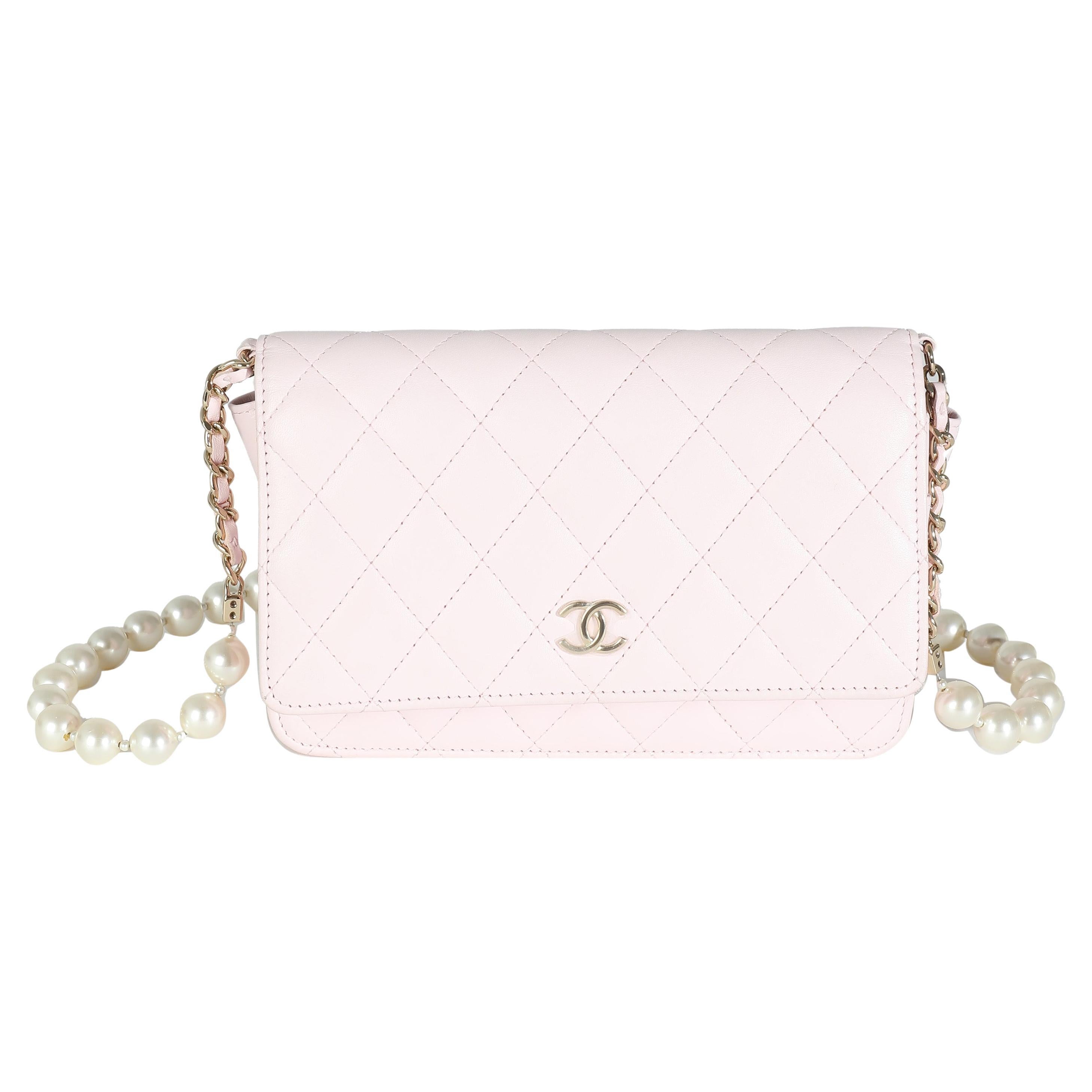 Chanel Pink Quilted Lambskin Pearl Wallet On Chain For Sale
