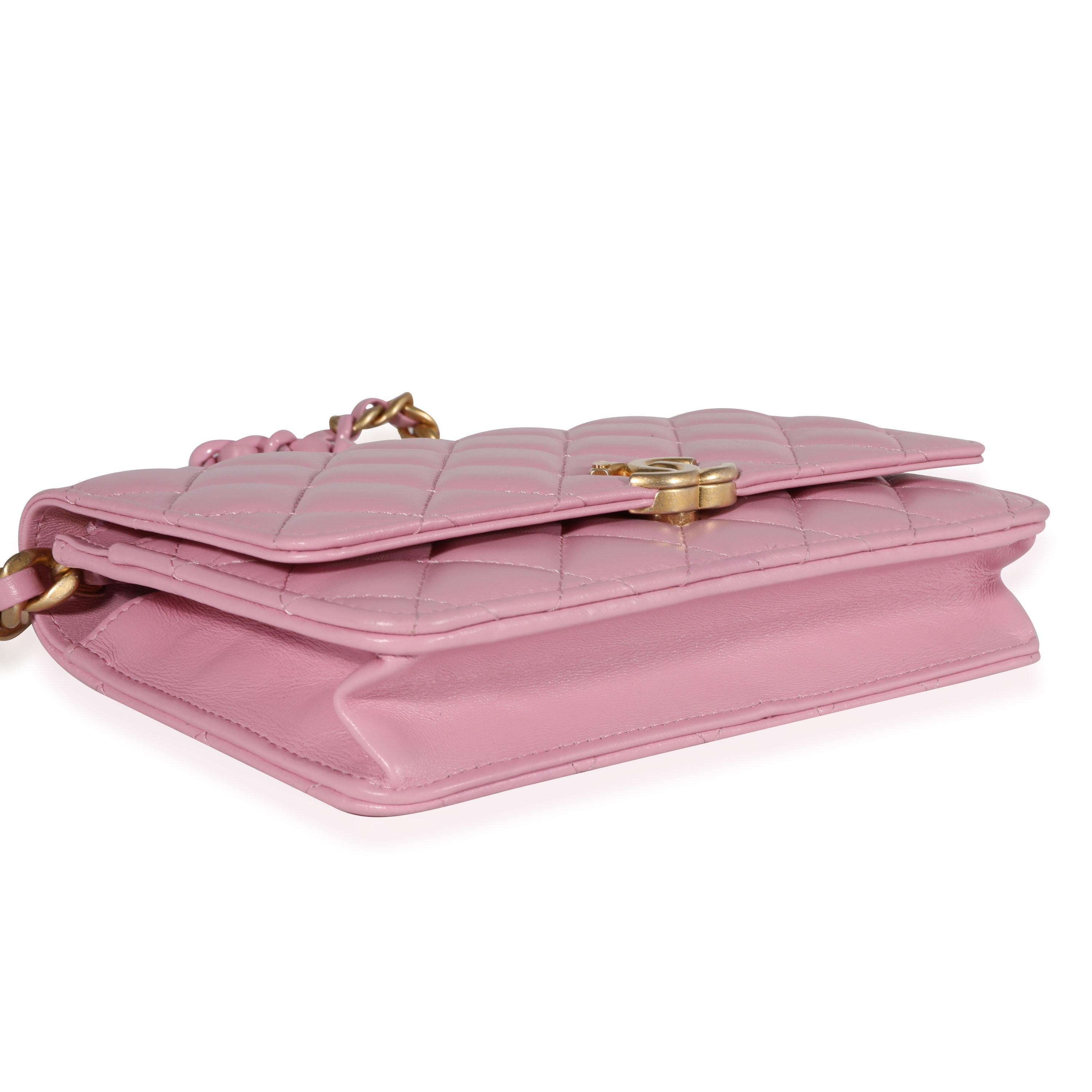 Chanel Billetera De Piel De Cordero Acolchada Rosa Con Cadena 2