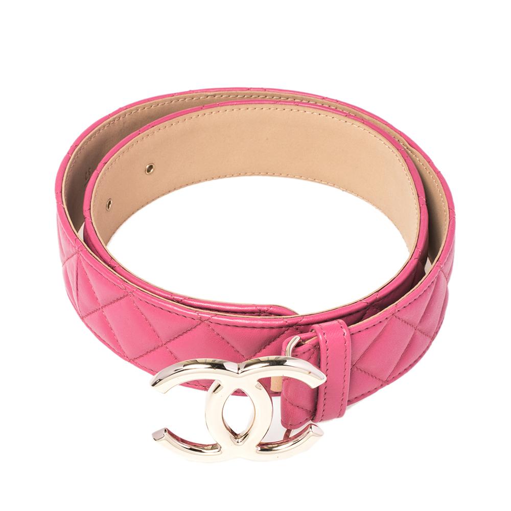 Add the Chanel style to your everyday looks with this fine belt for women. Crafted from pink quilted leather, and complete with a CC logo buckle, this luxe belt can be used to cinch your dresses, pants, and blazers.

Includes: Original Box
