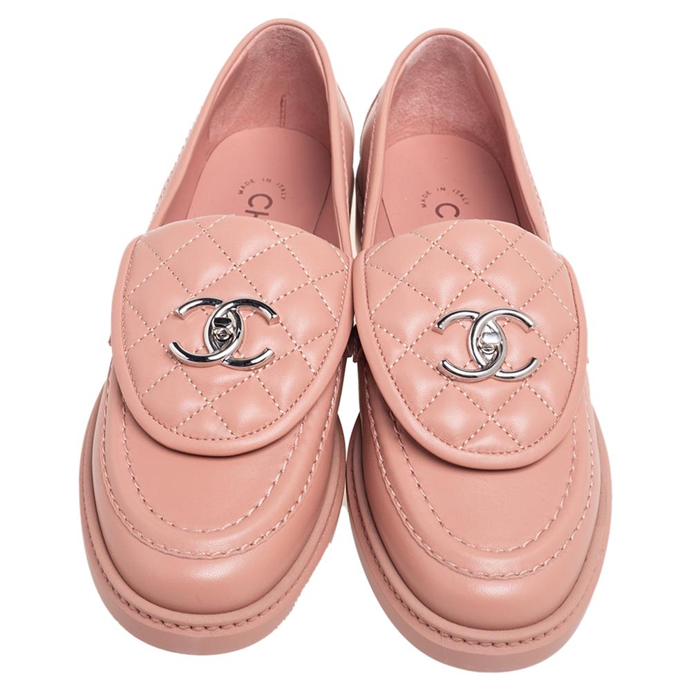 Beige Chanel Pink Quilted Leather Flap Turn Lock CC Loafers Size 37