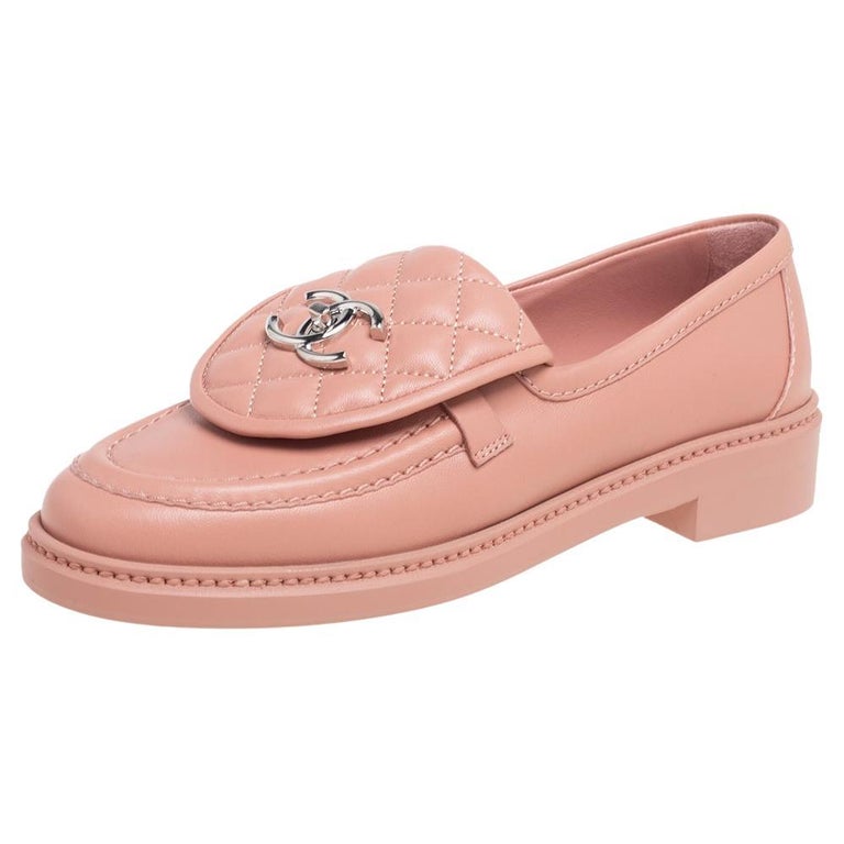 Chanel Pink Quilted Leather Flap Turn Lock CC Loafers Size 37 Chanel
