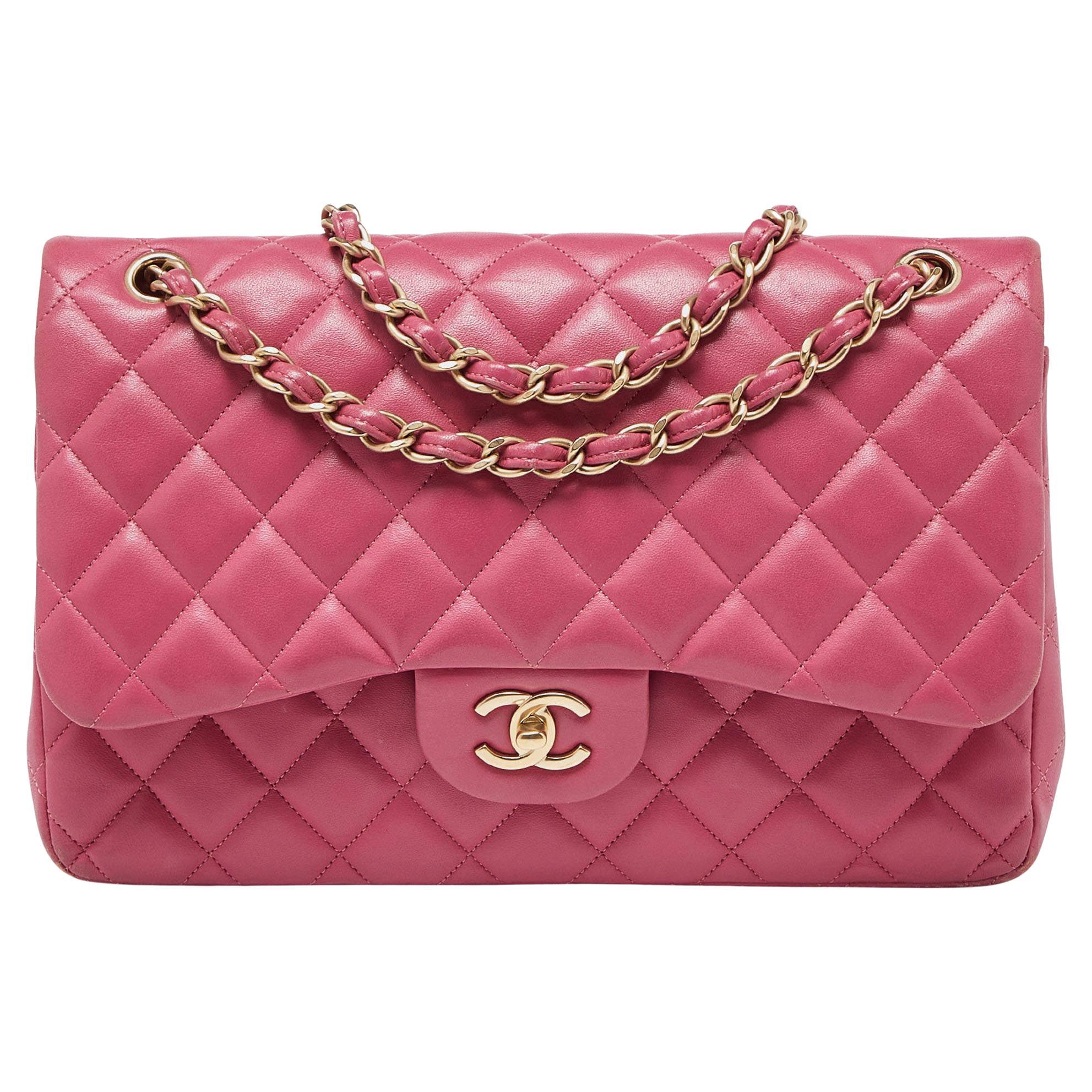 Chanel Pink Quilted Leather Jumbo Classic Double Flap Bag For Sale