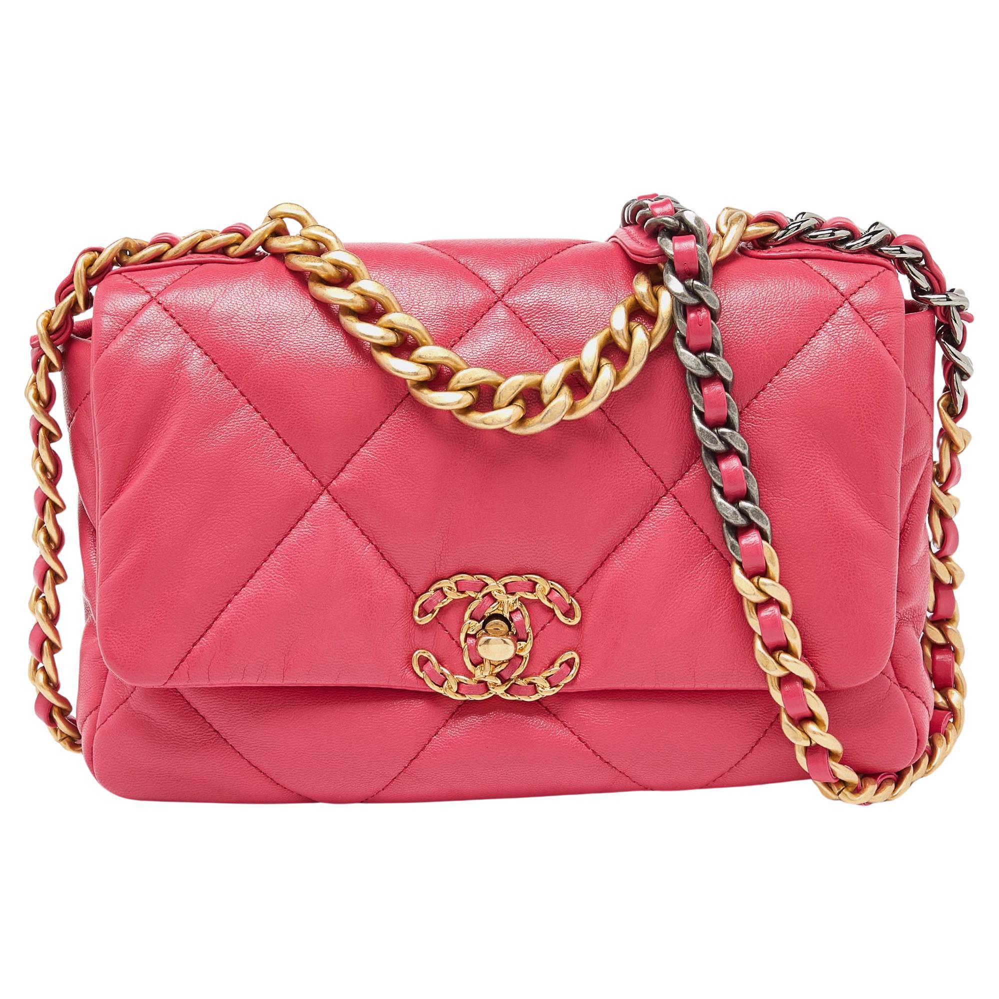 Chanel Pink Quilted Leather Medium 19 Flap Top Handle Bag For Sale