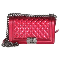 Chanel Pink Quilted Metallic Patent Old Medium Boy Bag