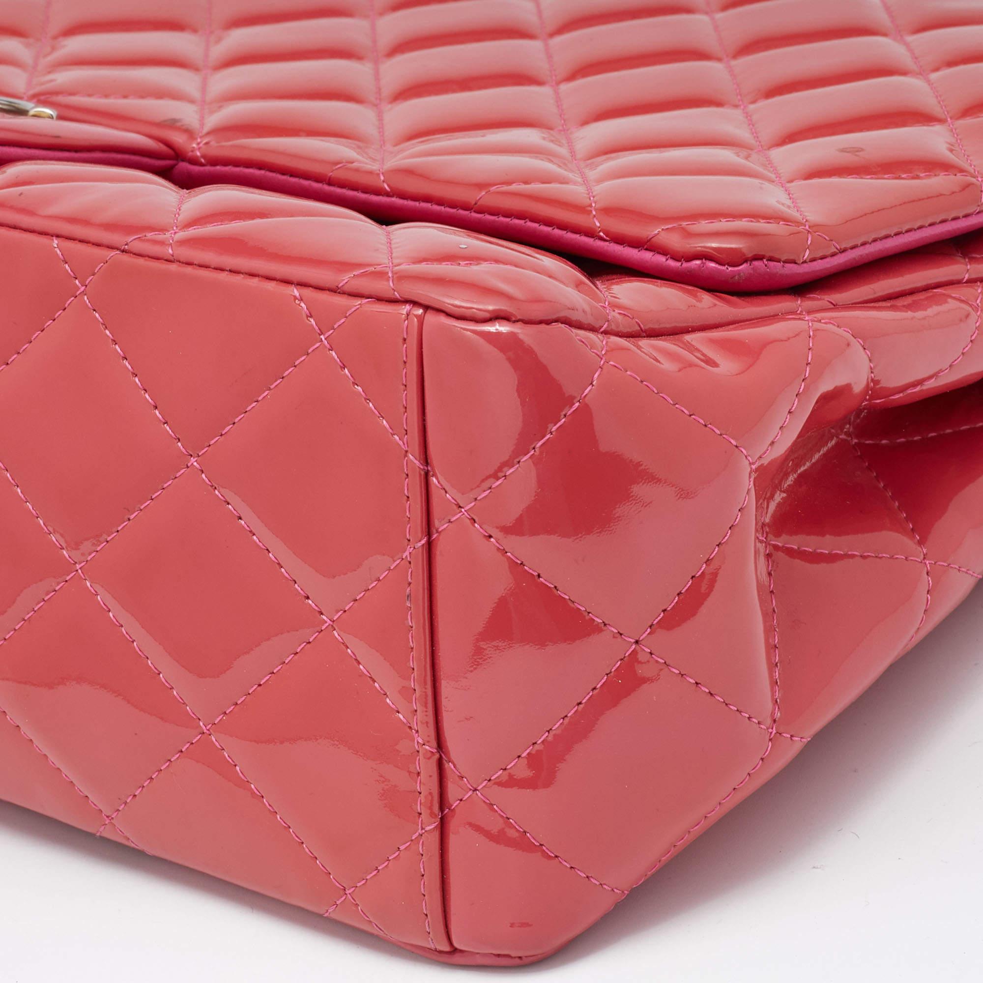 Chanel Pink Quilted Patent Leather Maxi Classic Double Flap Bag 16