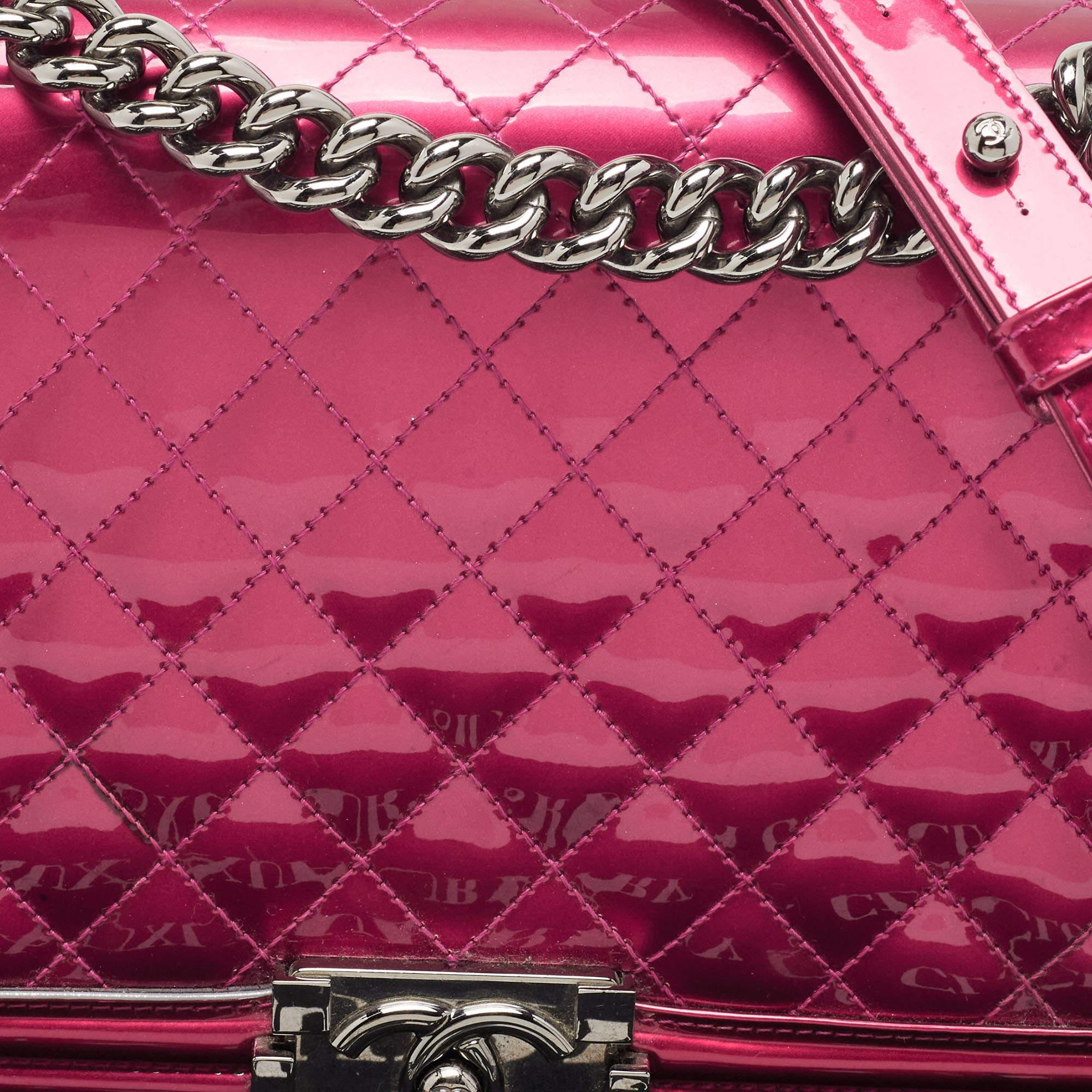 Chanel Pink Quilted Patent Leather New Medium Boy Flap Bag For Sale 8