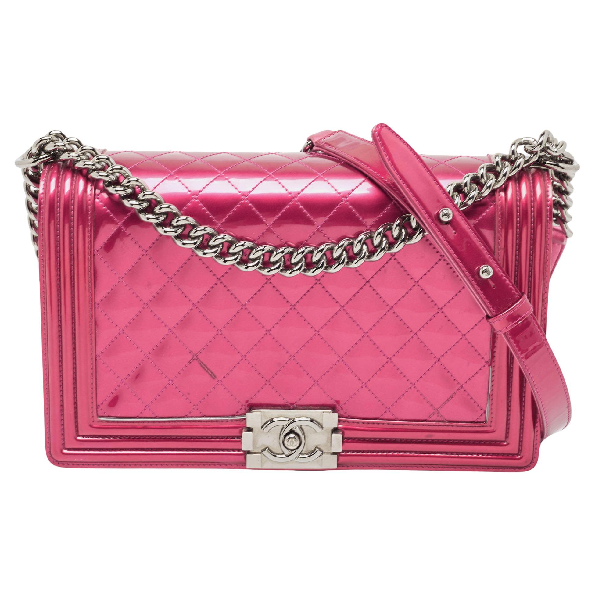 Chanel Pink Quilted Patent Leather New Medium Boy Flap Bag For Sale