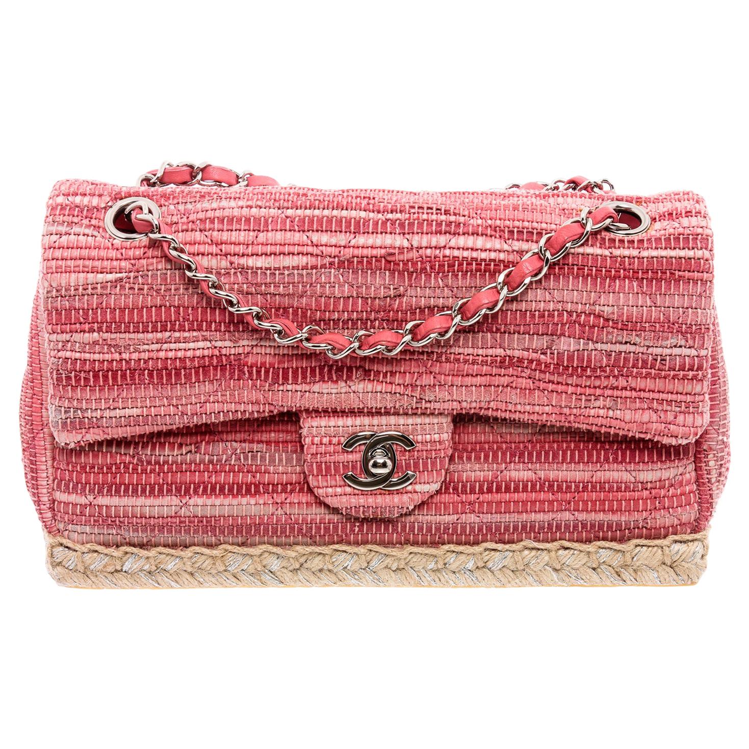 Chanel Pink Quilted Tweed Espadrille Chain Flap Bag