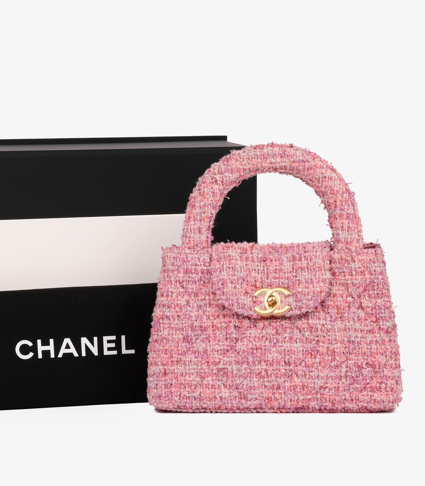 Chanel Pink Quilted Tweed Nano Classic Kelly Shopper For Sale 5