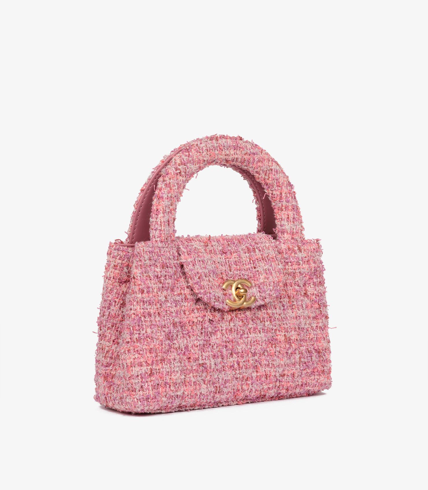 Brown Chanel Pink Quilted Tweed Nano Classic Kelly Shopper For Sale