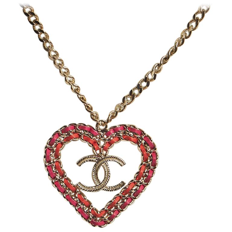 Chanel Pink Red Heart Silver Necklace