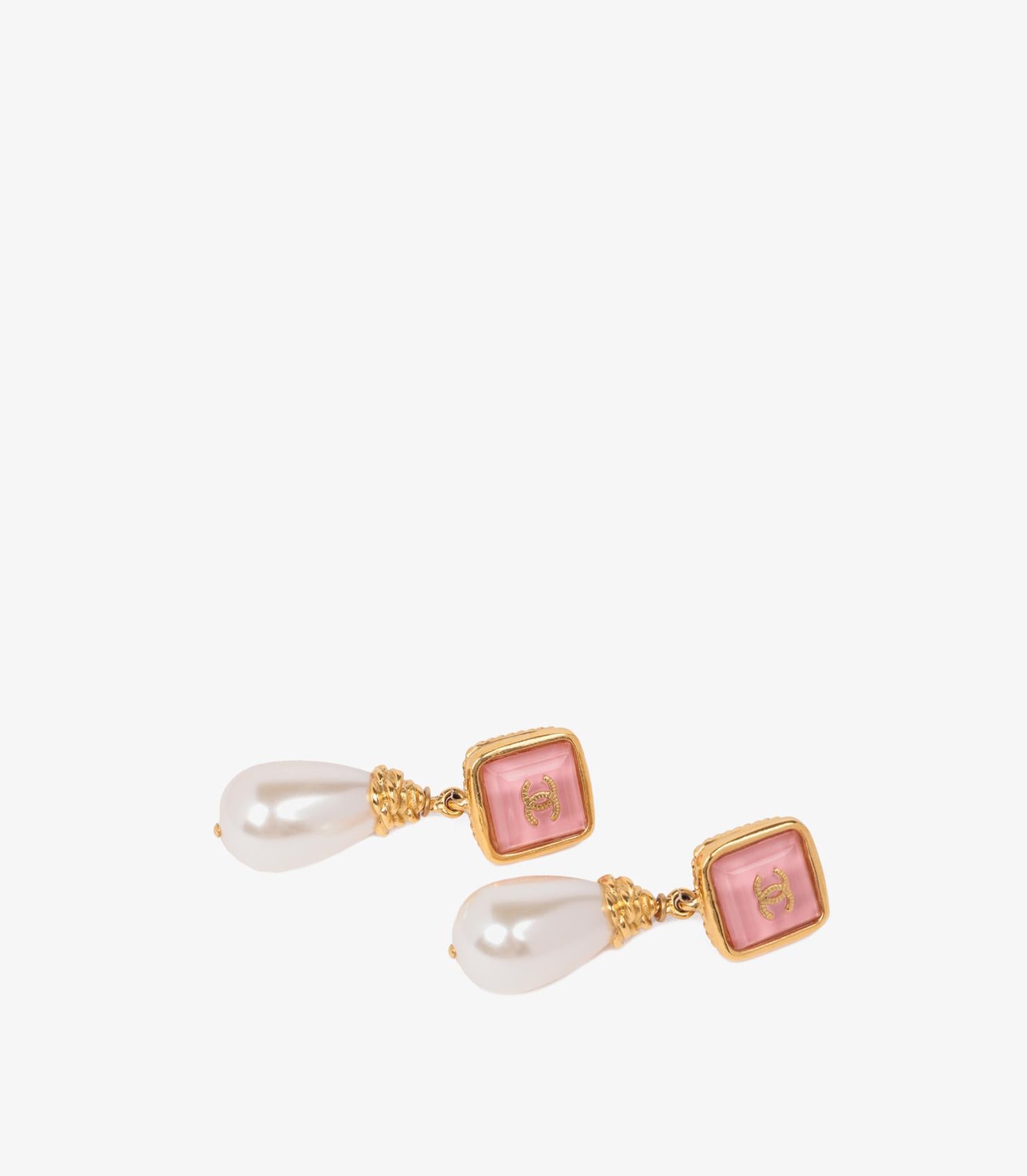 Chanel Pink Resin & Faux Pearl Gold Tone CC Drop Earrings In Excellent Condition In Bishop's Stortford, Hertfordshire
