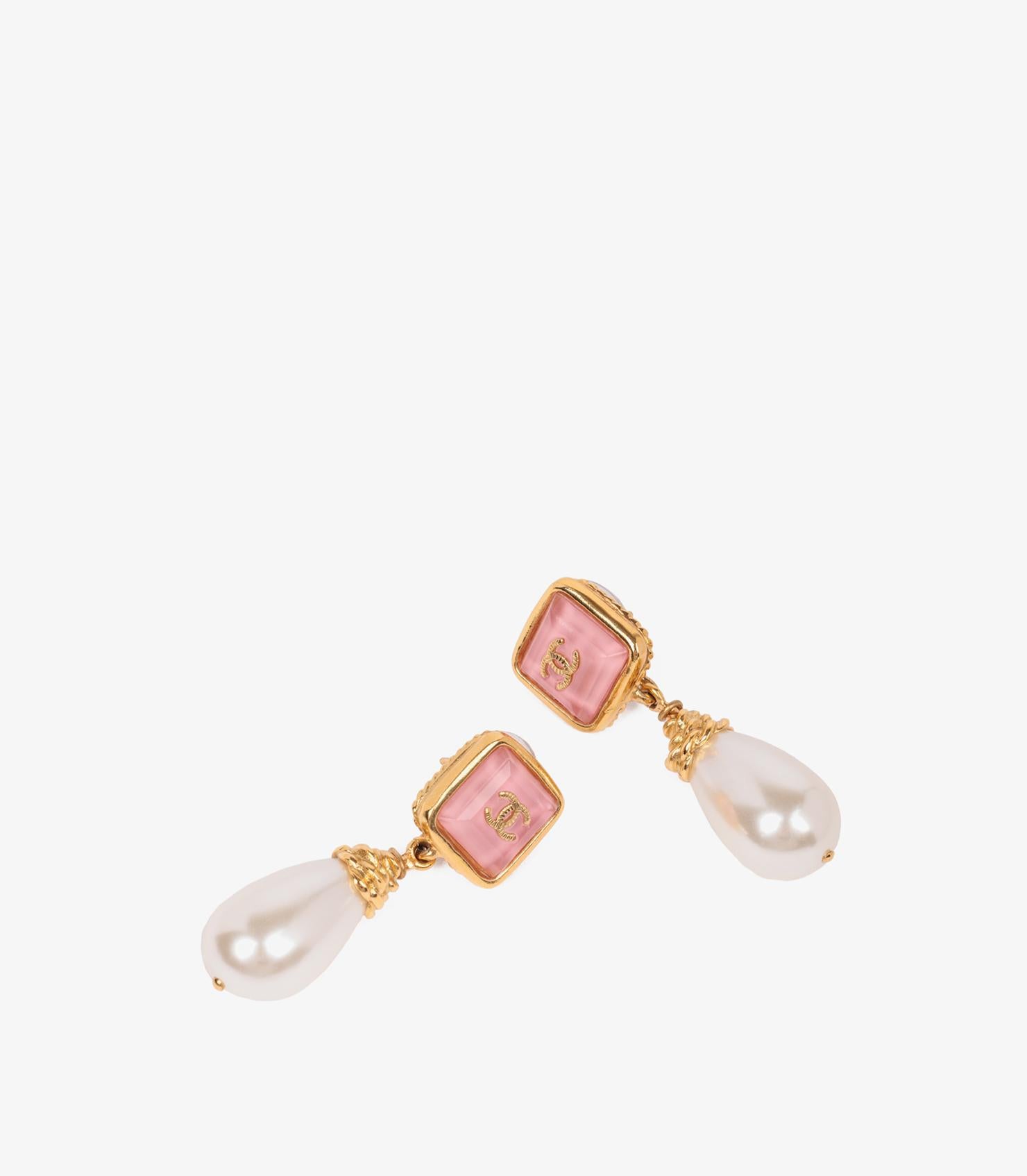 Women's Chanel Pink Resin & Faux Pearl Gold Tone CC Drop Earrings
