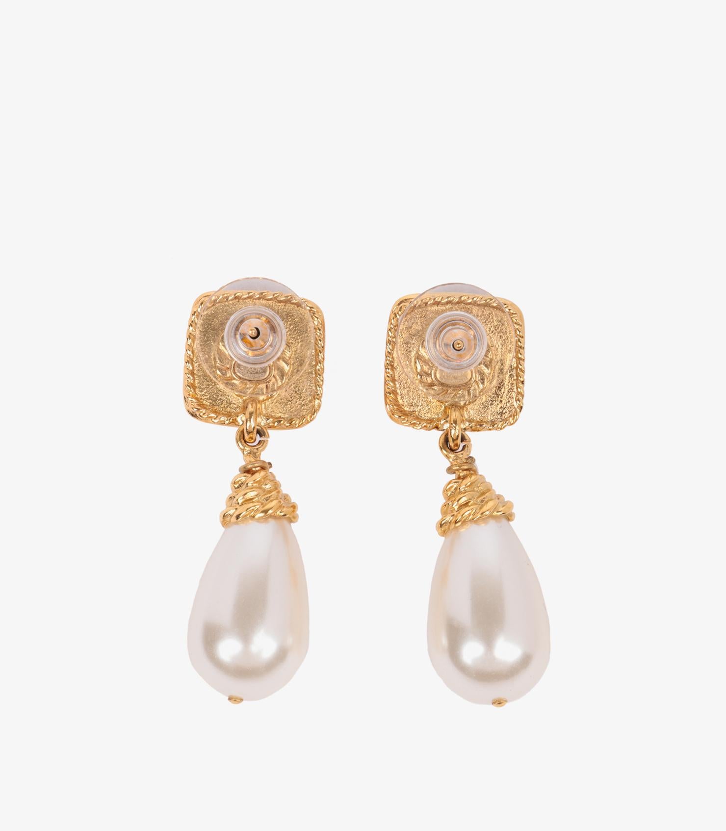 Chanel Pink Resin & Faux Pearl Gold Tone CC Drop Earrings 1