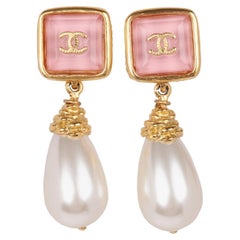 Chanel Pink Resin & Faux Pearl Gold Tone CC Drop Earrings