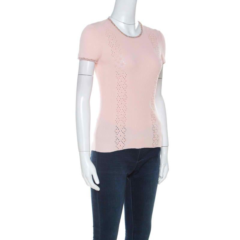 Beige Chanel Pink Ribbed Knit Coco Cuba Short Sleeve Top M