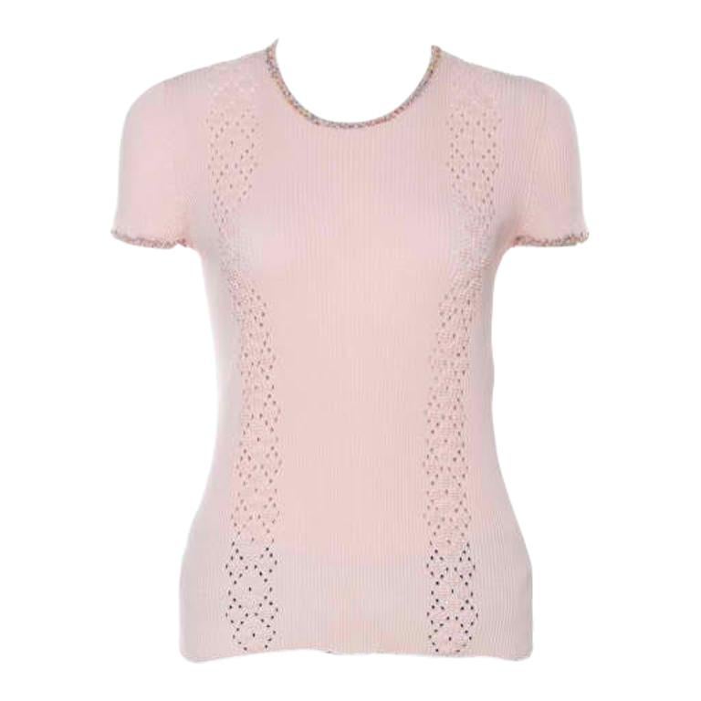 Chanel Pink Ribbed Knit Coco Cuba Short Sleeve Top M