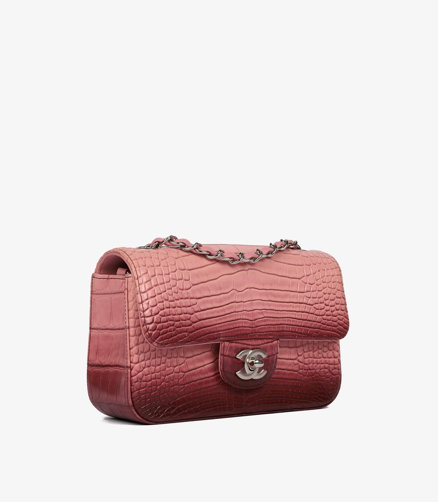 Chanel Pink & Rouge Ombre Matte Alligator Leather Rectangular Mini Flap Bag In Excellent Condition For Sale In Bishop's Stortford, Hertfordshire