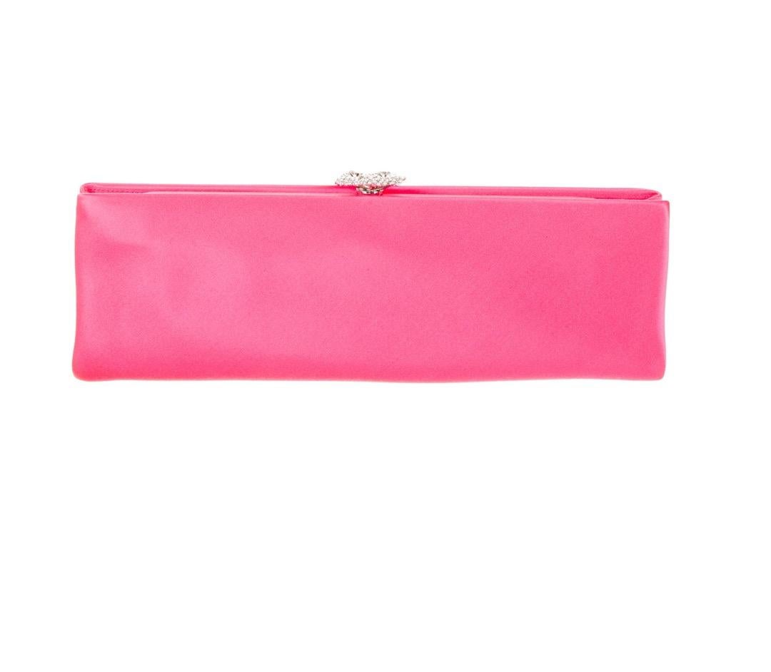 Chanel Pink Satin Silver Crystal Evening Envelope Clutch Bag In Excellent Condition In Chicago, IL