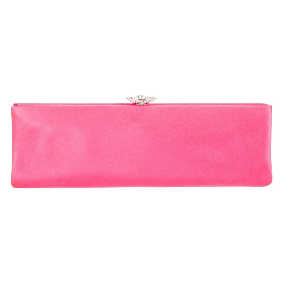 Chanel Pink Satin Silver Crystal Evening Envelope Clutch Bag