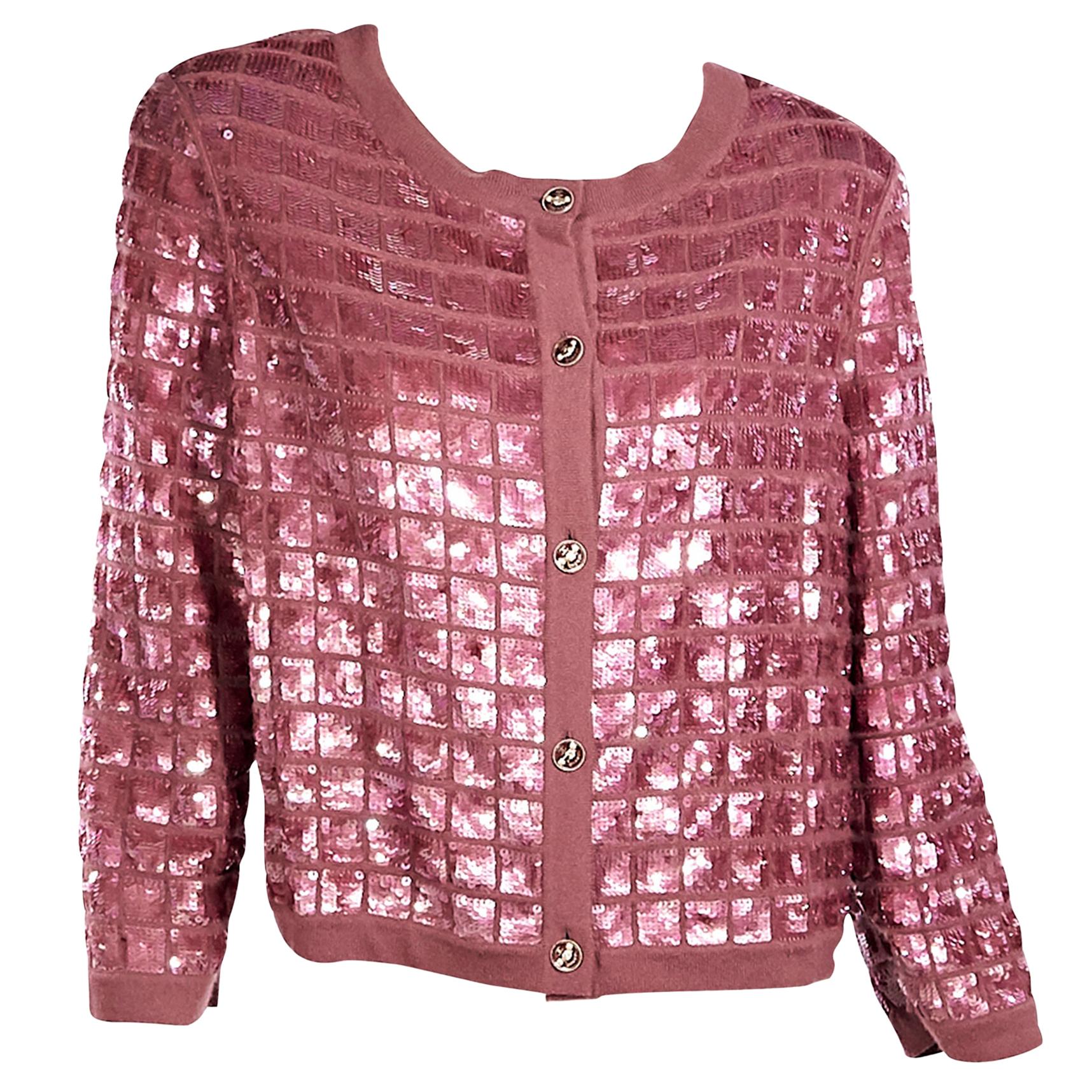 Chanel Pink Sequined Cashmere Cardigan For Sale at 1stDibs