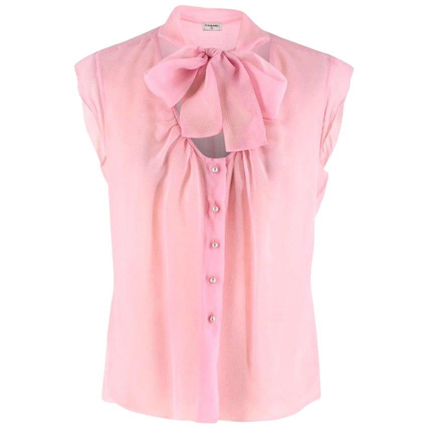 Chanel Pink Sheer Sleeveless Pussybow Blouse - Size S