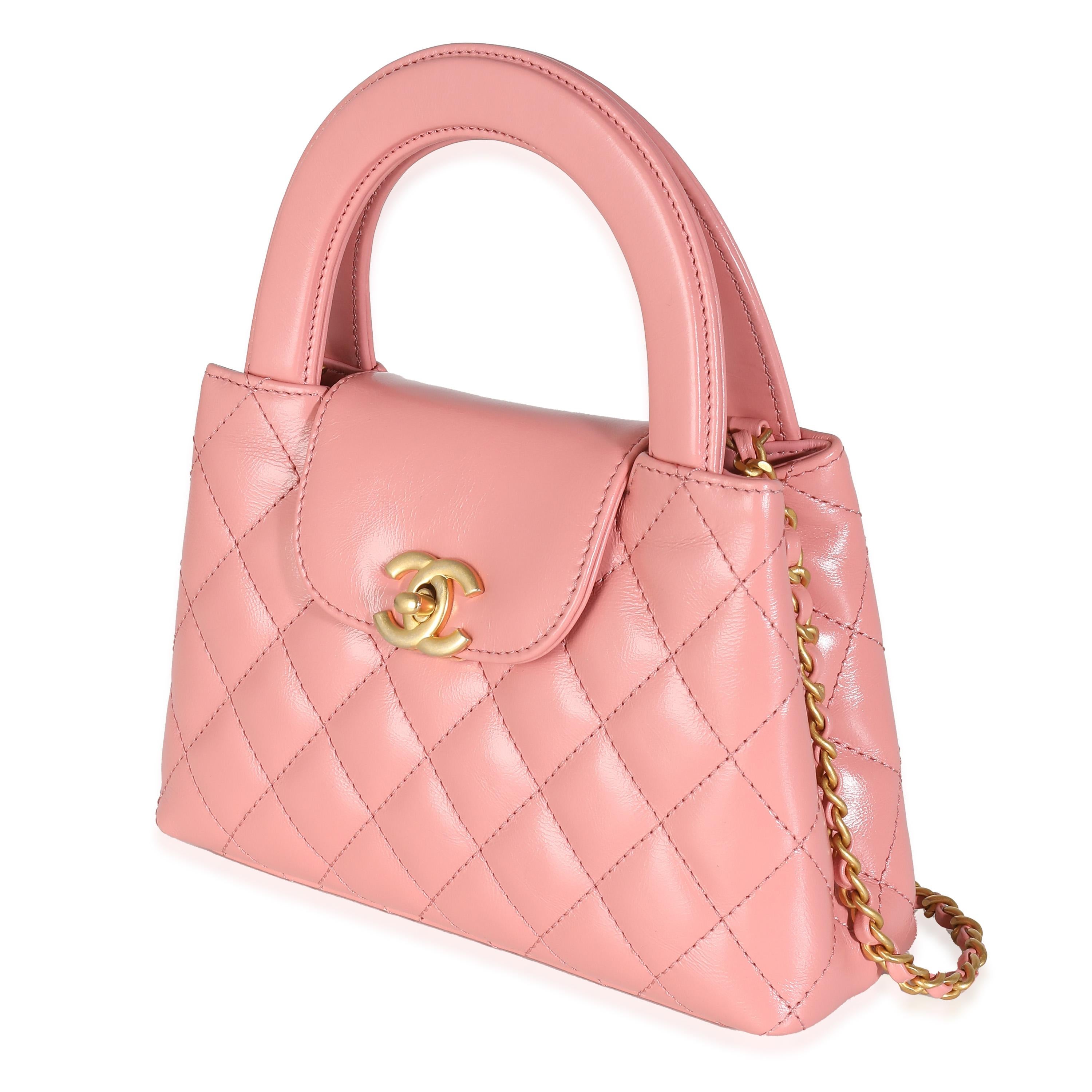 Chanel Pink Shiny Aged Calfskin Quilted Nano Kelly Shopper In Excellent Condition In New York, NY