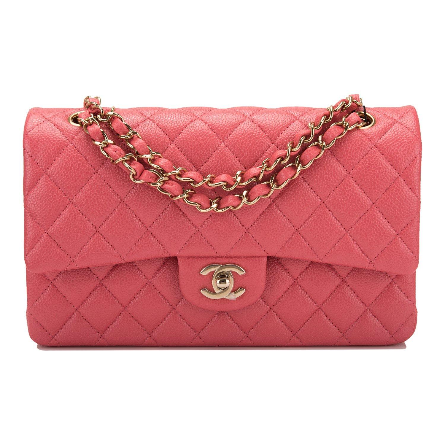 Chanel Pink Shiny Quilted Caviar Medium Classic Double Flap Bag A01112Y83470

Chanel Medium Classic double flap bag of pink shiny quilted caviar leather with light gold tone hardware.
This bag features a front flap with signature CC turnlock