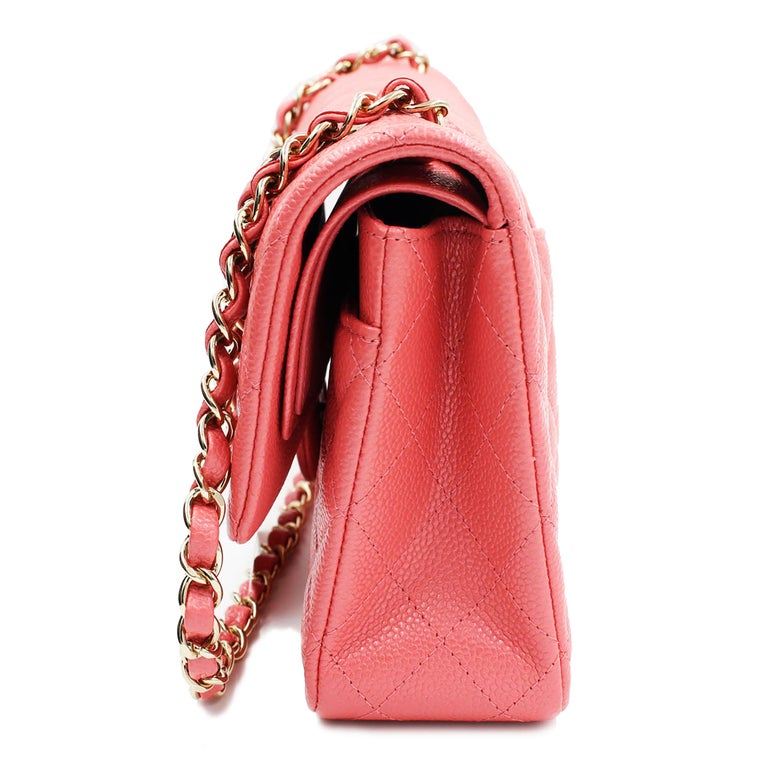 Chanel Pink Shiny Quilted Caviar Medium Classic Double Flap Bag at 1stDibs
