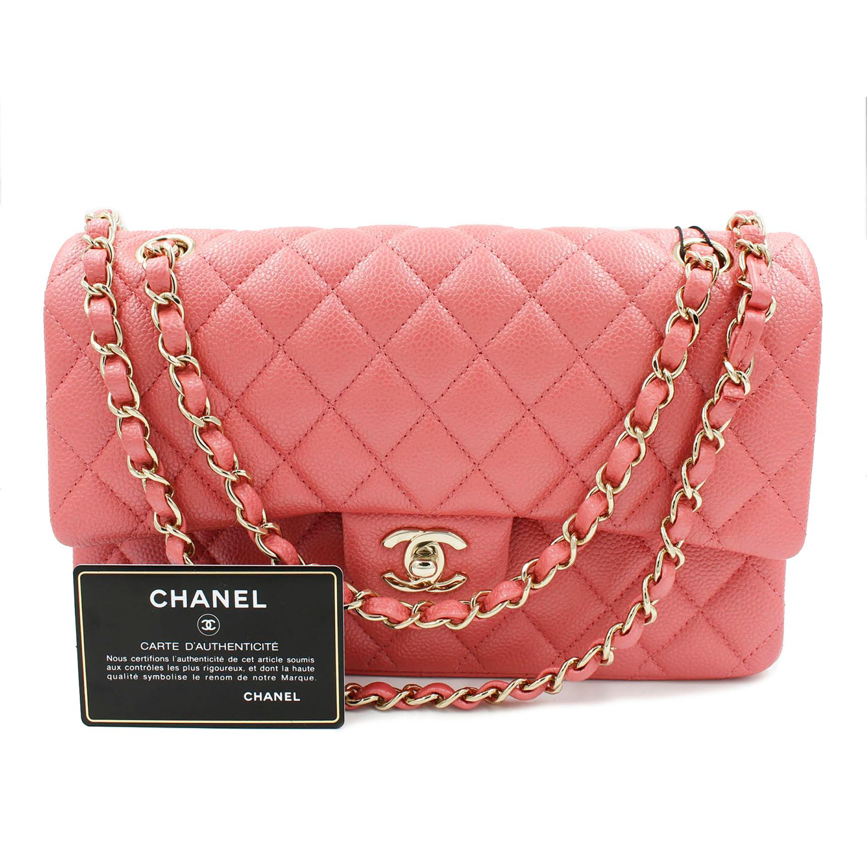 Women's Chanel Pink Shiny Quilted Caviar Medium Classic Double Flap Bag 