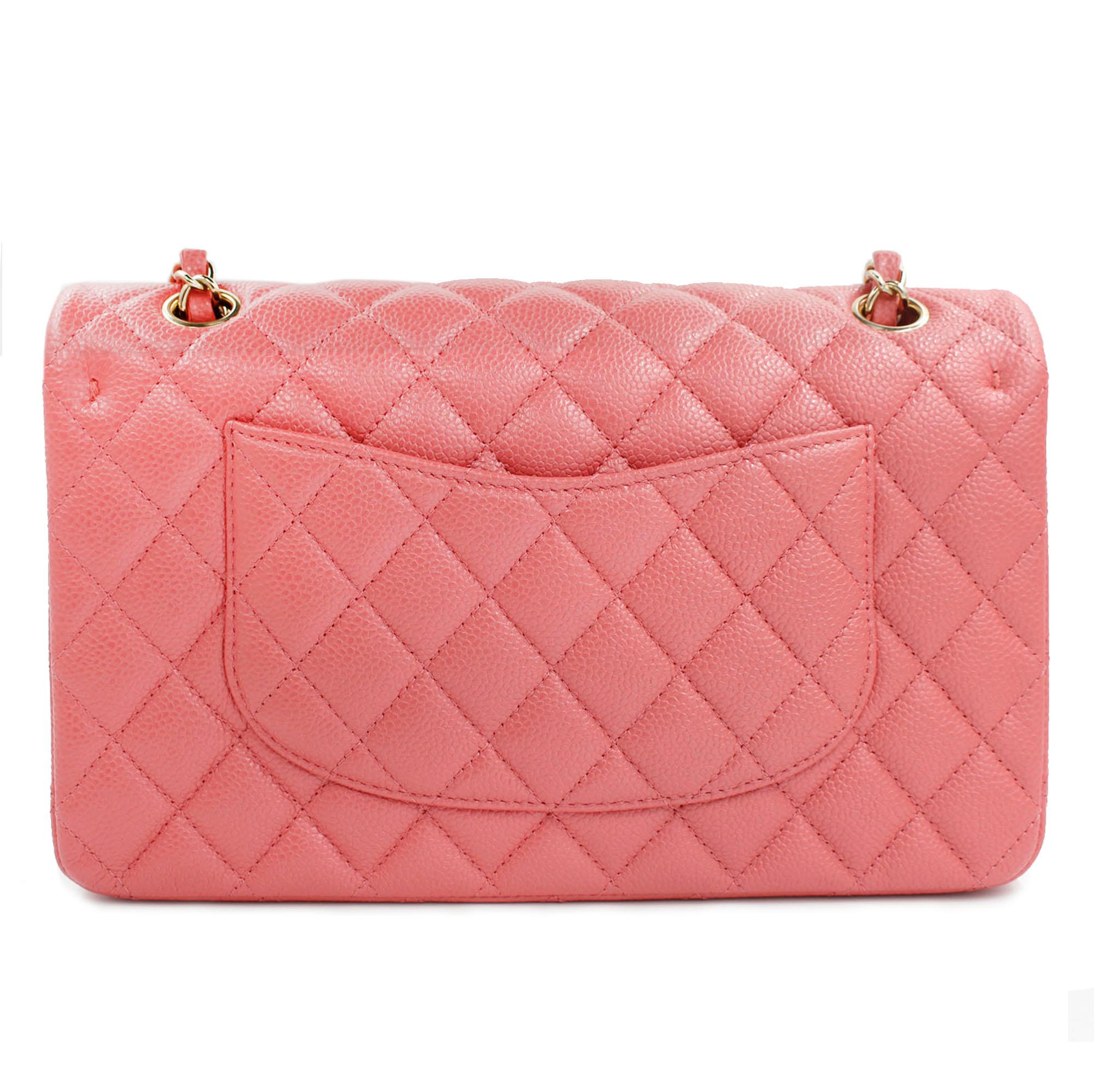 Chanel Pink Shiny Quilted Caviar Medium Classic Double Flap Bag  1