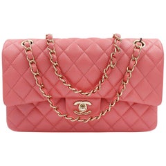 Chanel Pink Shiny Quilted Caviar Medium Classic Double Flap Bag