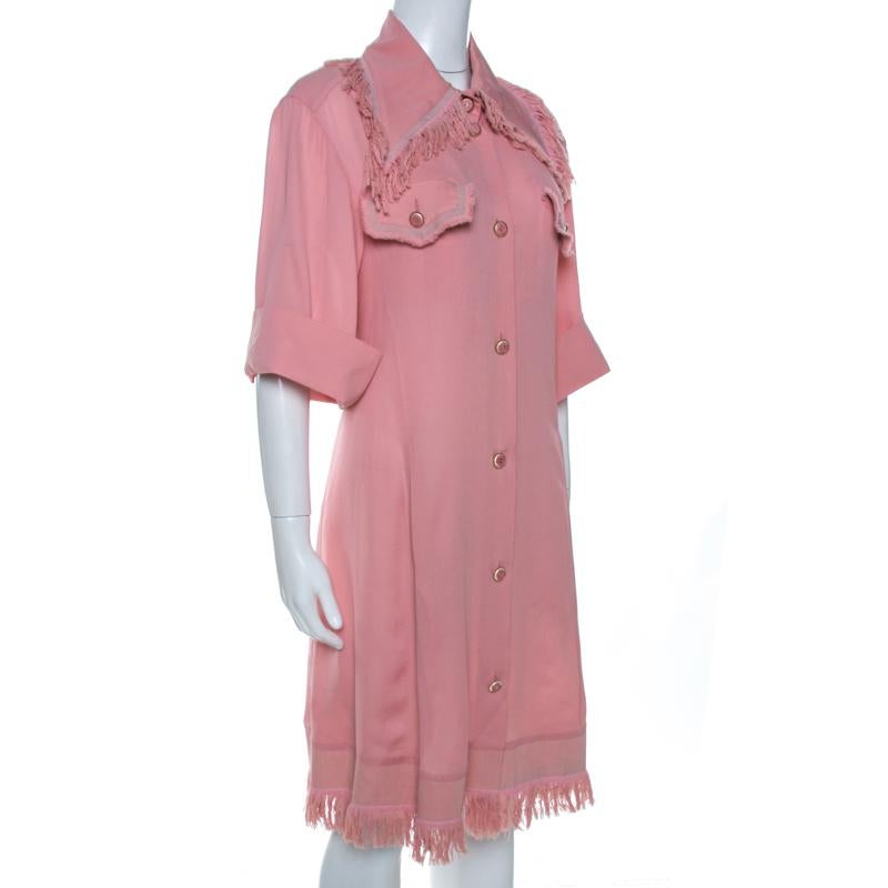 Brown Chanel Pink Silk Crepe Fringed Shift Dress M