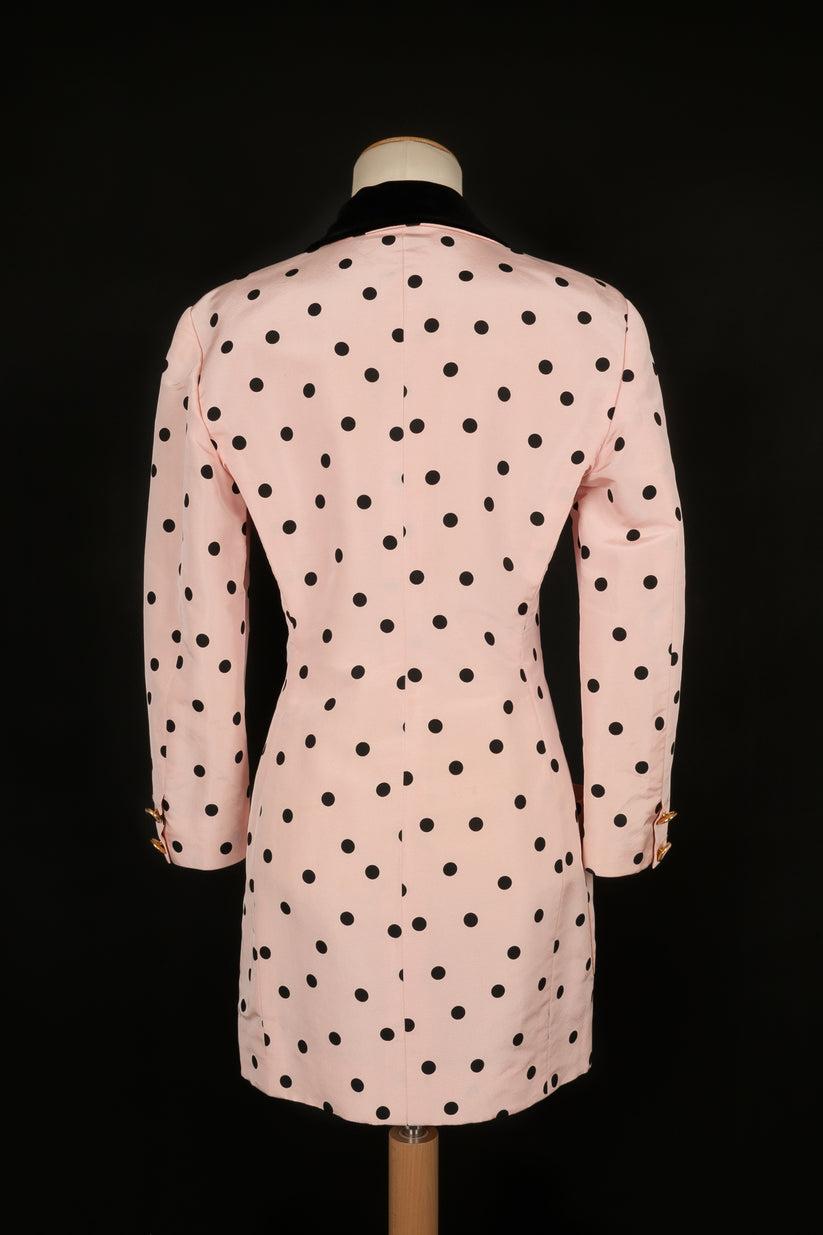 Chanel Rosa Seidenjacke mit schwarzen Polka Dots, 1988 Damen im Angebot