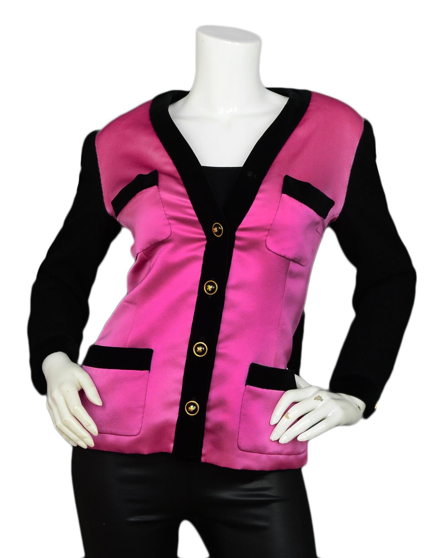 Chanel Pink Silk with Black Velvet Trim Jacket sz 40

Made In: France
Color: Pink, Black
Materials: 100% Silk; 100% Cotton; 68% Wool 