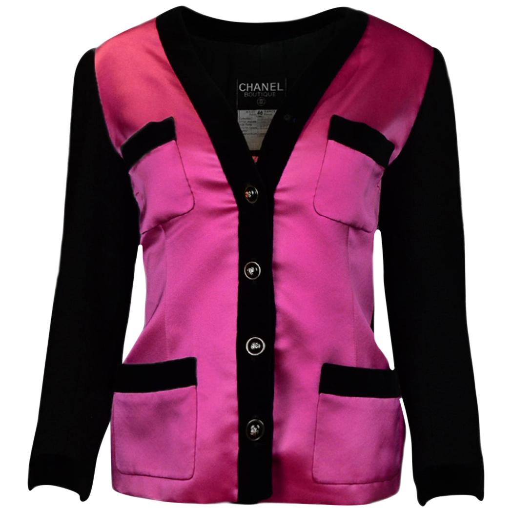 Chanel Pink Silk Jacket With Black Velvet Trim sz FR40