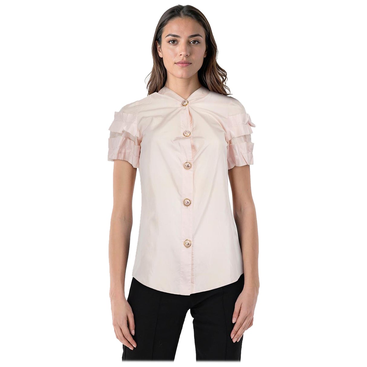 Chanel Pink Silk Pleated Sleeves Blouse Size XL