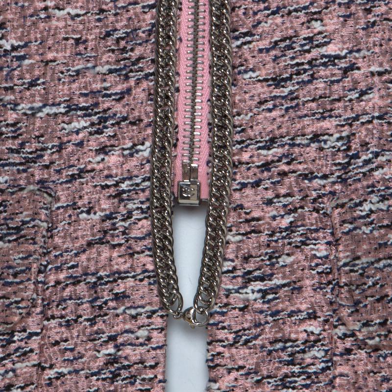 Gray Chanel Pink Silk Tweed Zip Front Jacket S