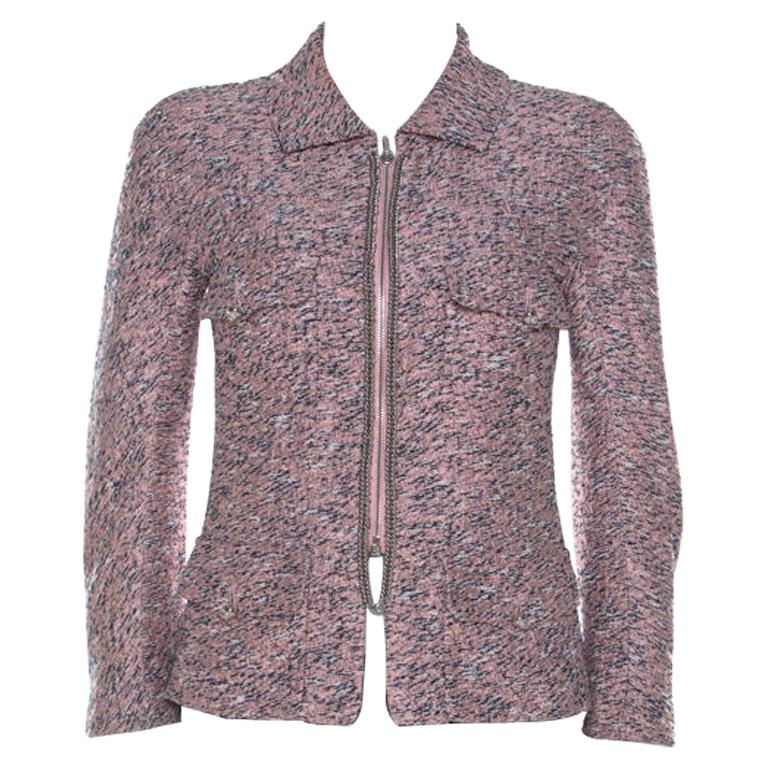Chanel Pink Silk Tweed Zip Front Jacket S For Sale at 1stDibs