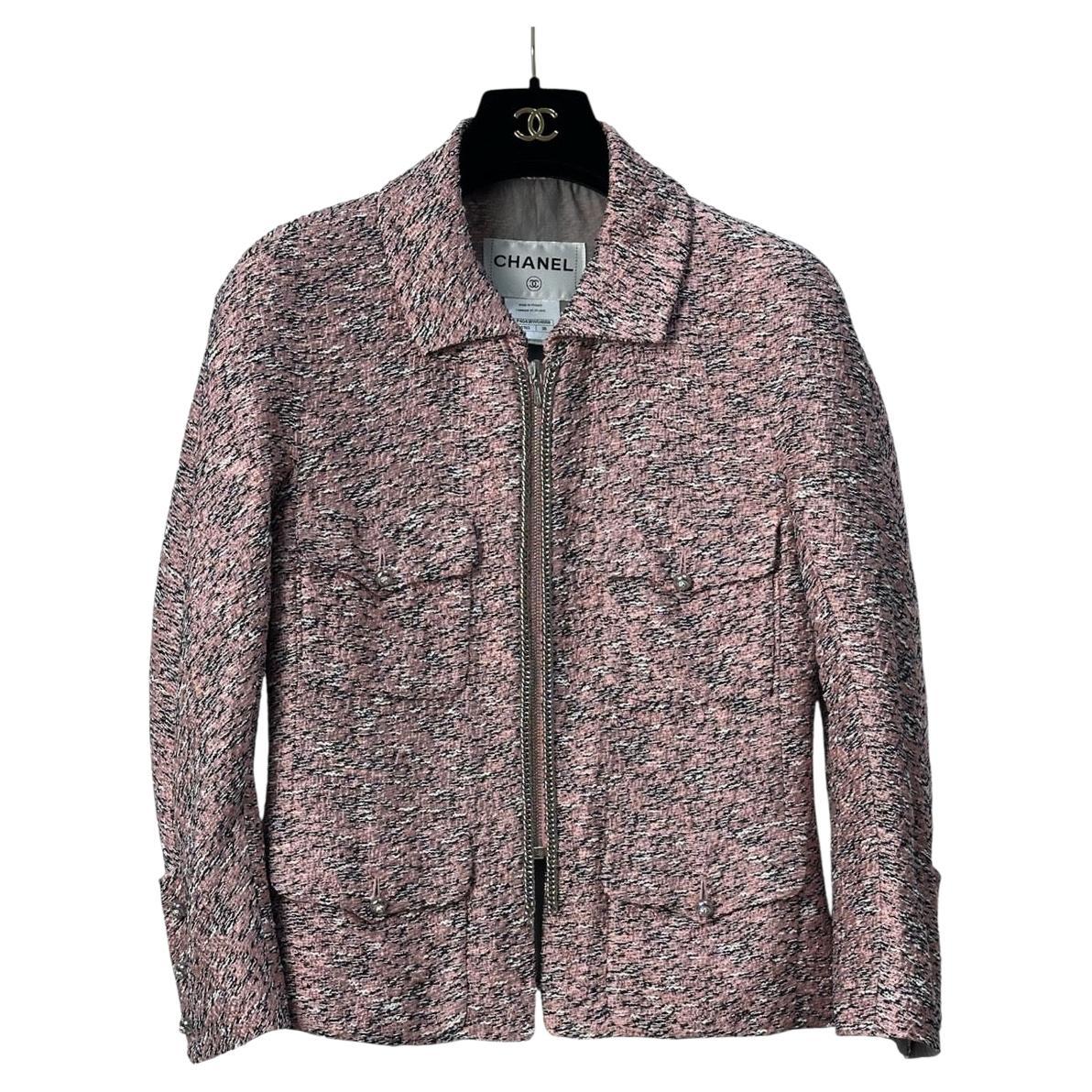 Chanel Pink Silk Tweed Zip Front Jacket - Size 38 For Sale