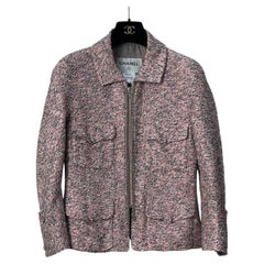 Chanel Pink Silk Tweed Zip Front Jacket - Size 38